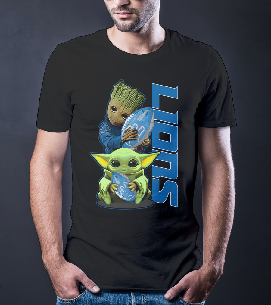 Grzd DETROIT LIONS Baby Groot And Baby Yoda With Football T-Shirt