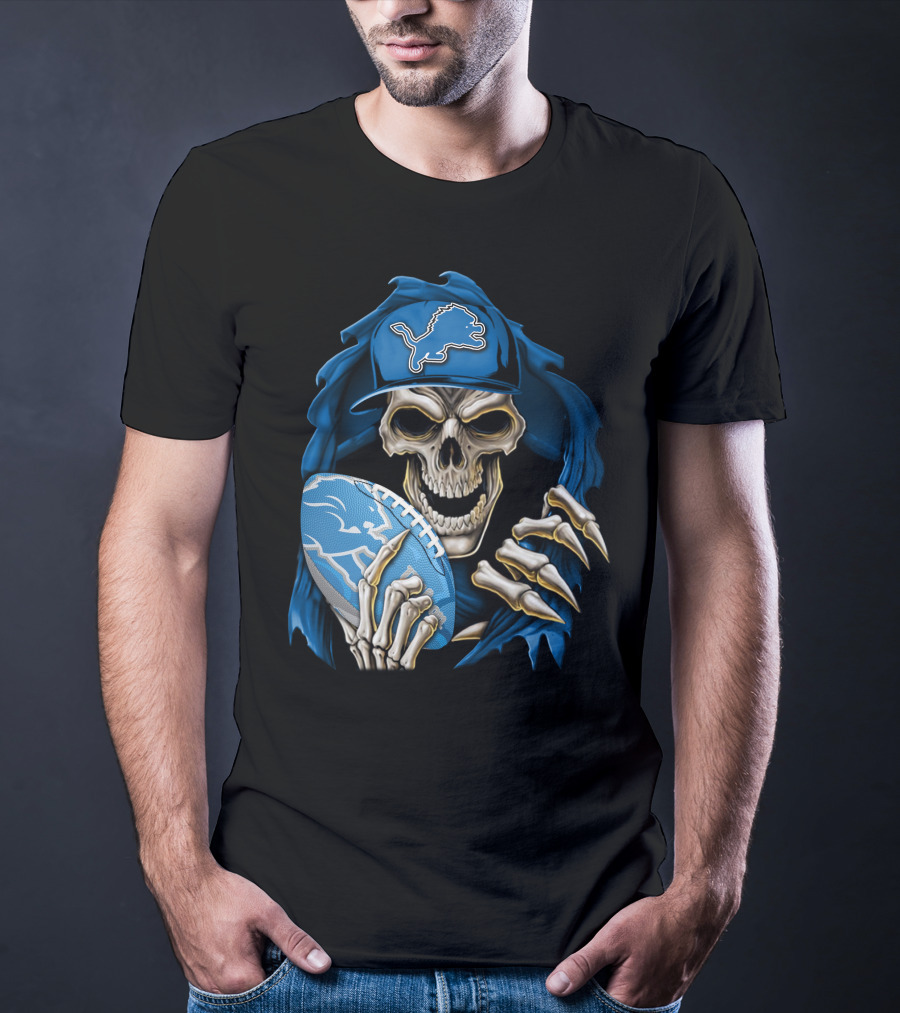 Skullbong Detroit Lions Skeleton With Football And Cap T-Shirt