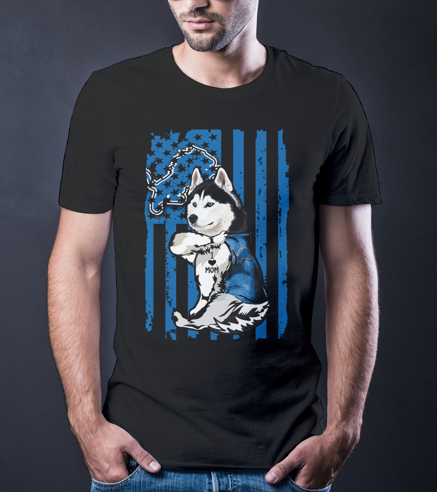 Siberian Husky Detroit Lions American Flag Mom T-Shirt
