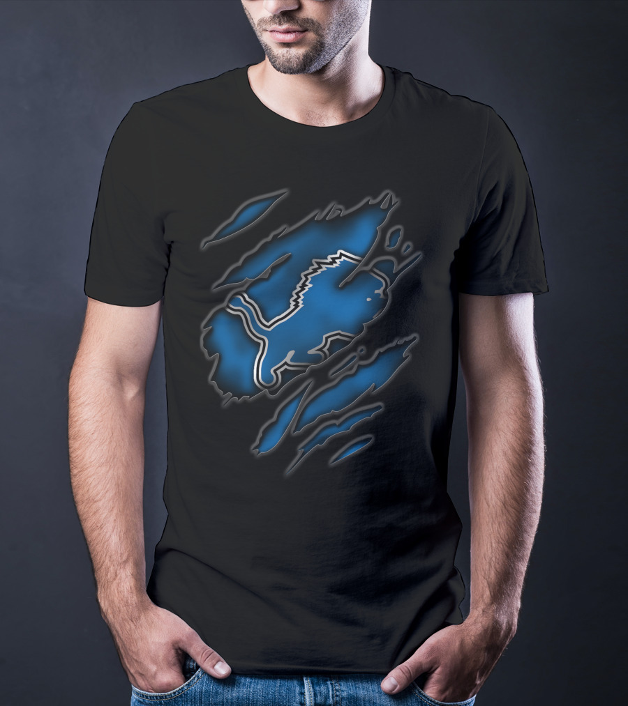 Torn Detroit Lions Blue And Black Rips T-Shirt