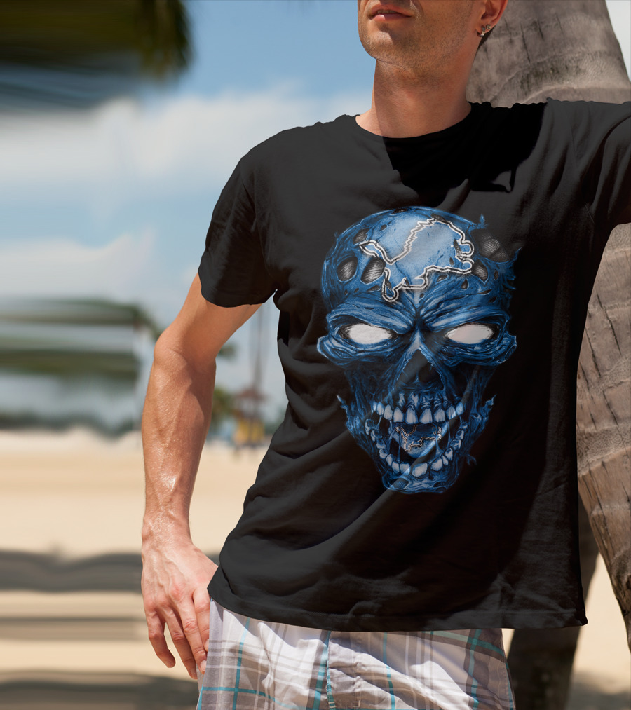 Skull Detroit Lions Blue Dark T-Shirt