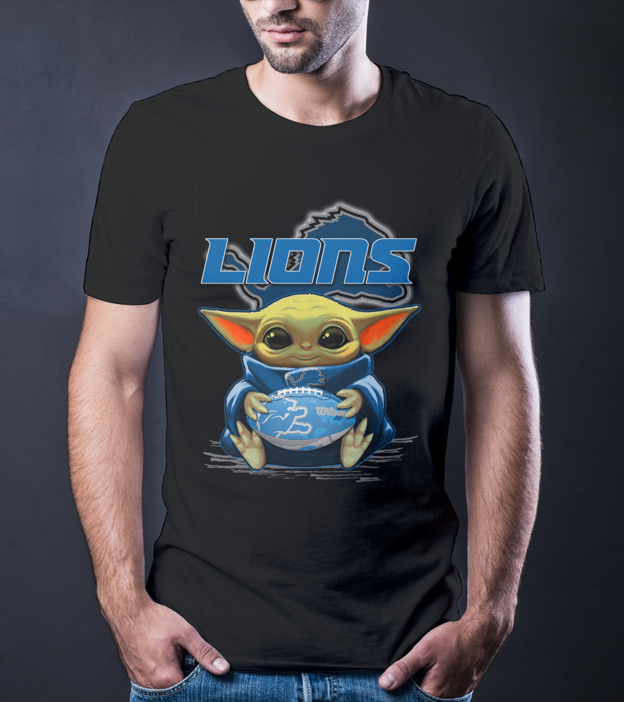 Lions Baby Yoda Holding Detroit Football Wilson T-Shirt