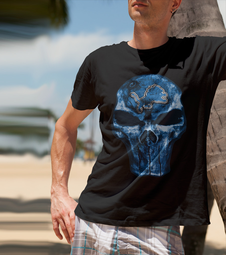 Skull Detroit Lions Blue Grunge T-Shirt