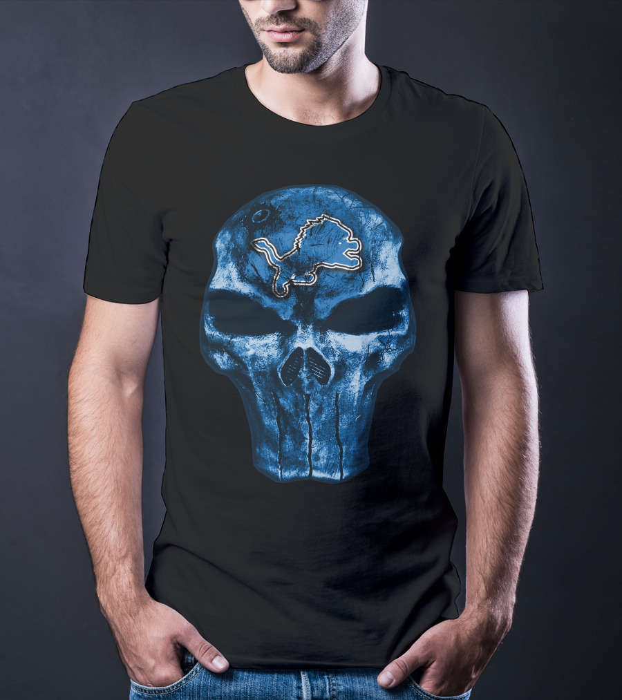 Skull Detroit Lions Blue Grunge T-Shirt