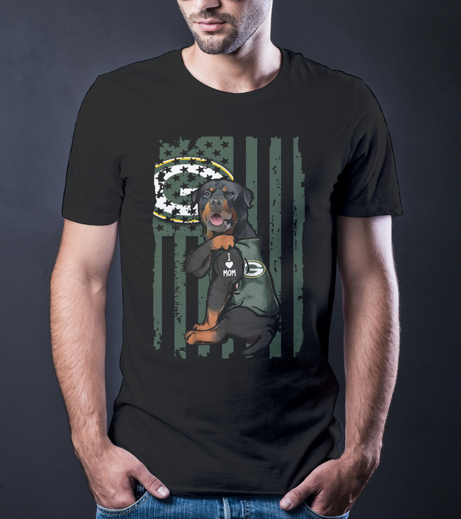 Rottweiler I Love Mom Green Bay Packers Logo Patriotic Flag T-Shirt