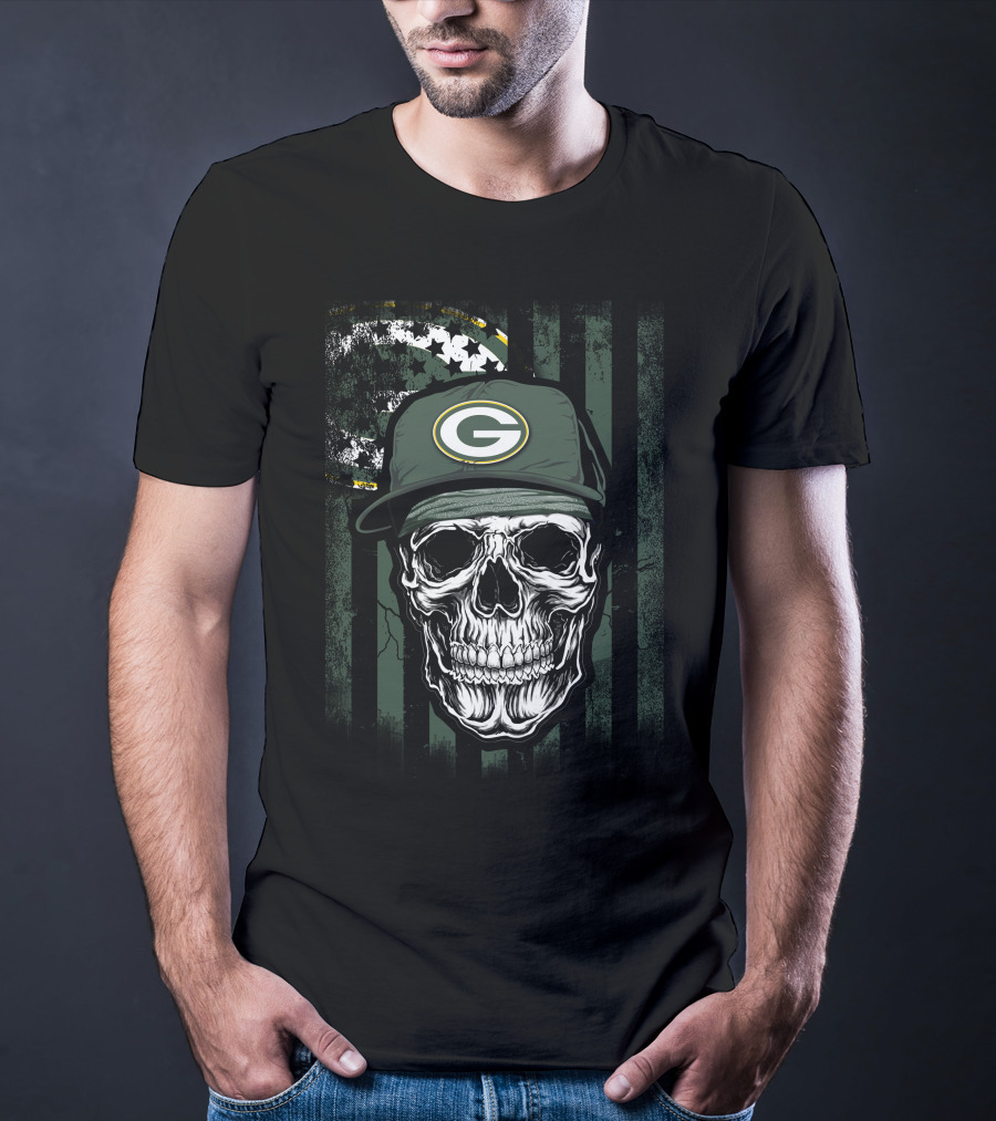 Skull Green Bay Packers Hat With American Flag Background T-Shirt