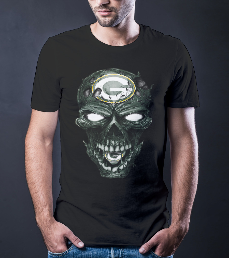 Green Bay Packers Skull Face With Team Logo Eyes T-Shirt
