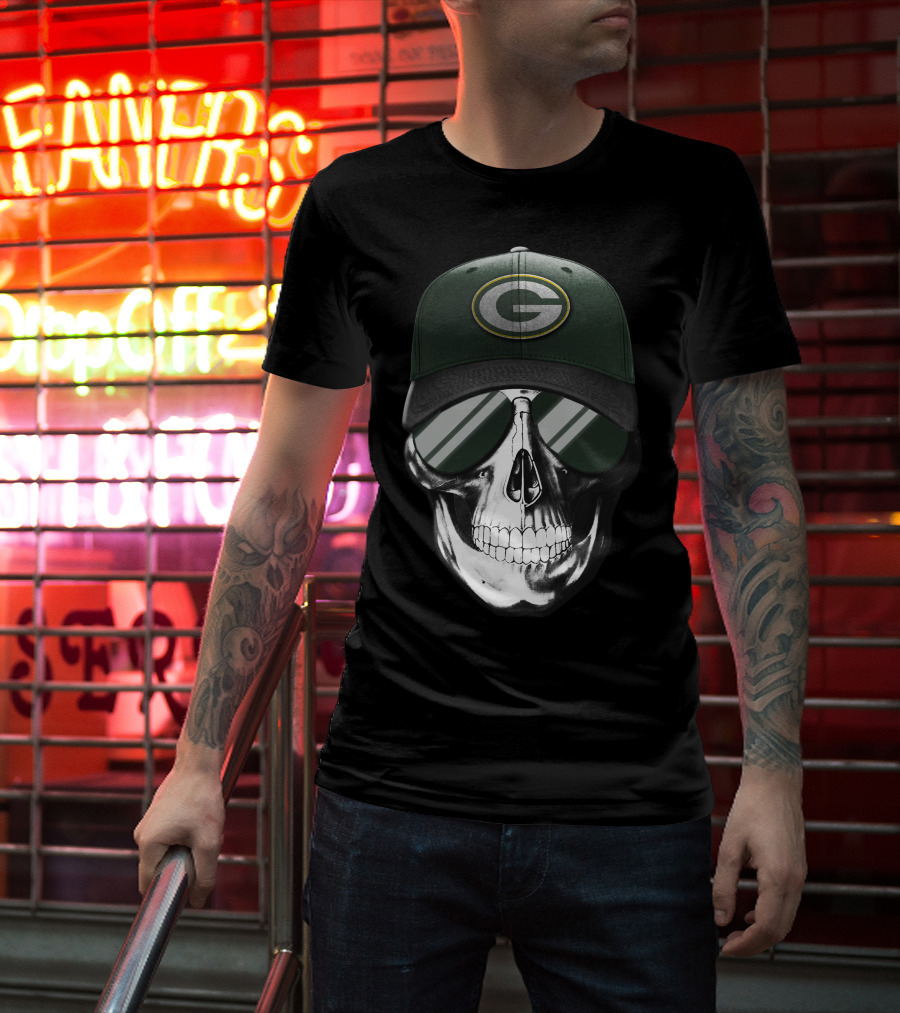 Skull Wearing Green Bay Packers Cap With Sunglasses T-Shirt