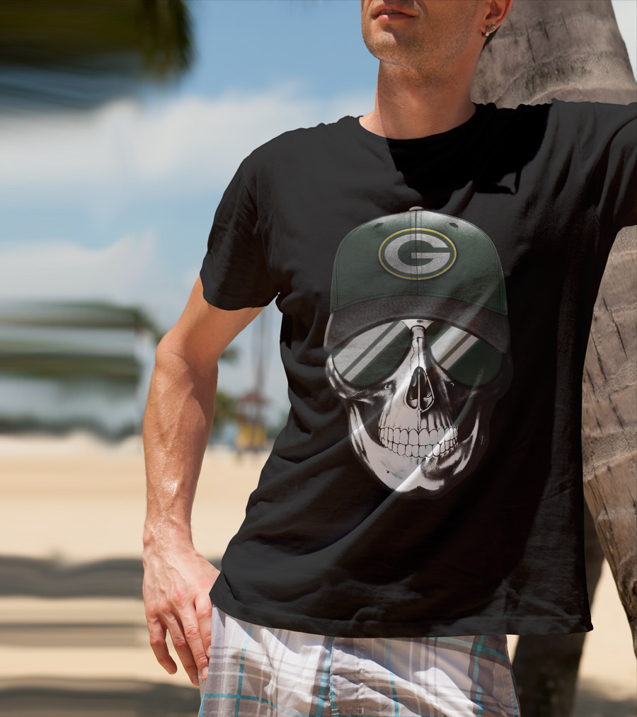 Skull Wearing Green Bay Packers Cap With Sunglasses T-Shirt