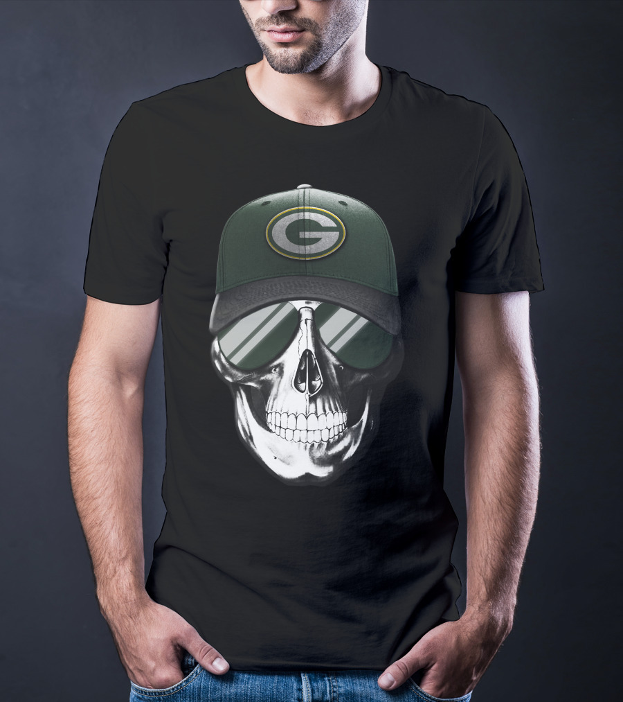 Skull Wearing Green Bay Packers Cap With Sunglasses T-Shirt