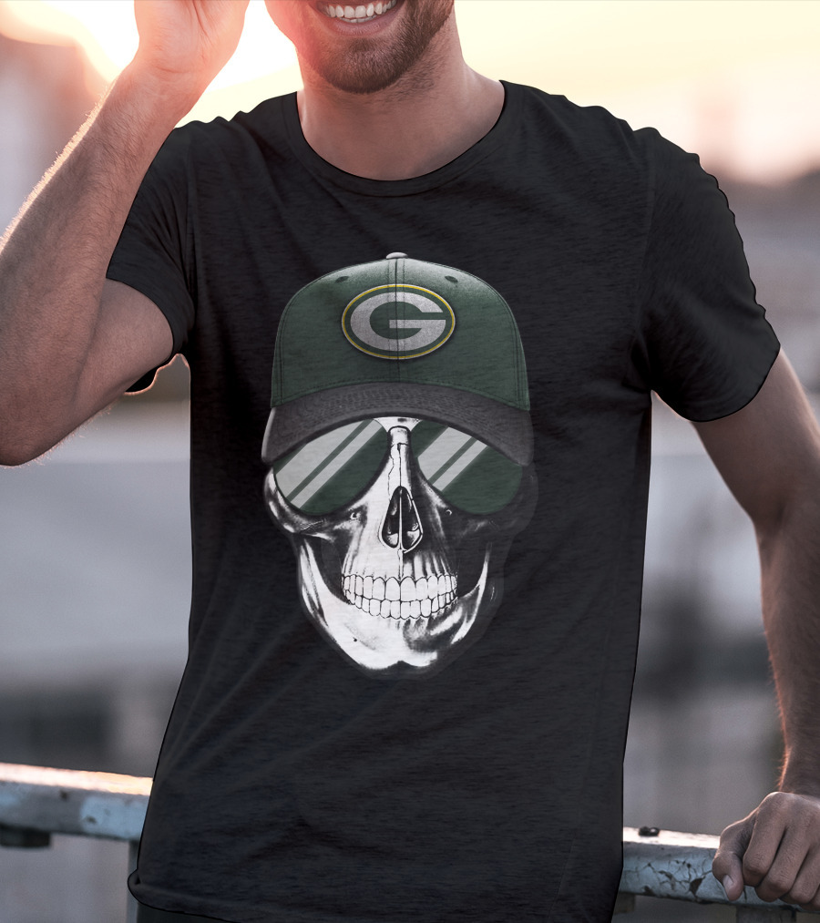 Skull Wearing Green Bay Packers Cap With Sunglasses T-Shirt