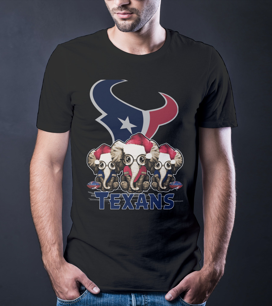 Houston Texans Elephant Xmas With Santa Hats And Glasses T-Shirt