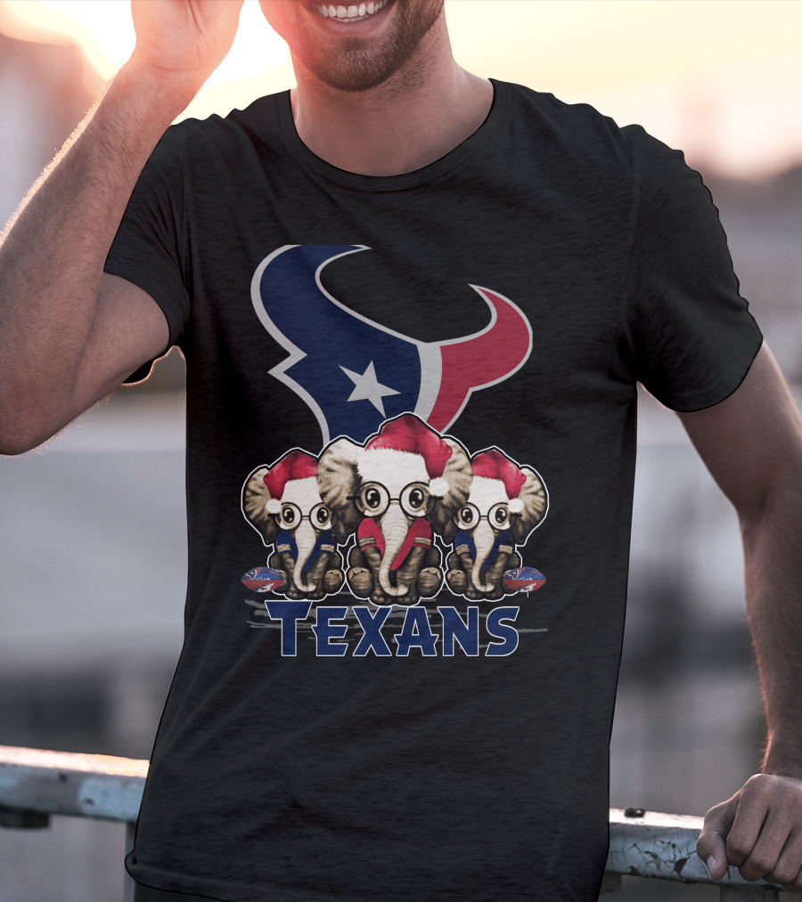 Houston Texans Elephant Xmas With Santa Hats And Glasses T-Shirt