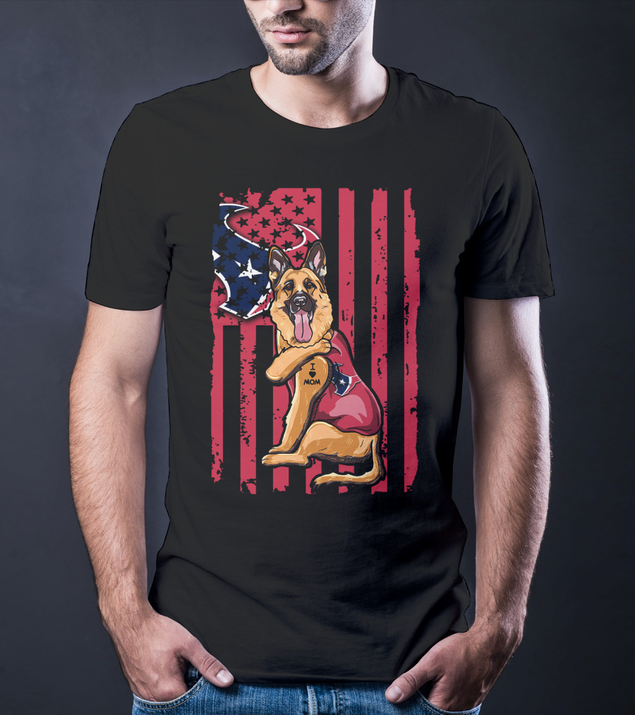German Shepherd I Love Mom With American Flag And Houston Texans Stars T-Shirt