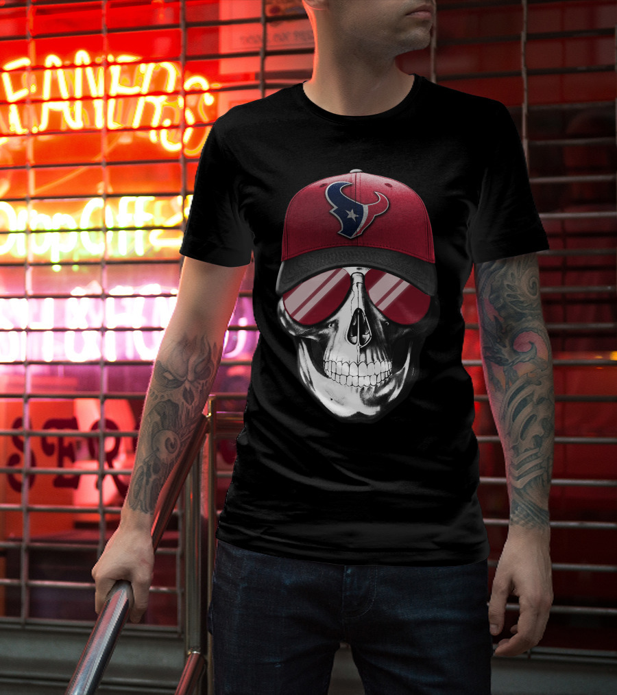 Skull With Red Cap Featuring Houston Texans Logo And Reflective Sunglasses T-Shirt