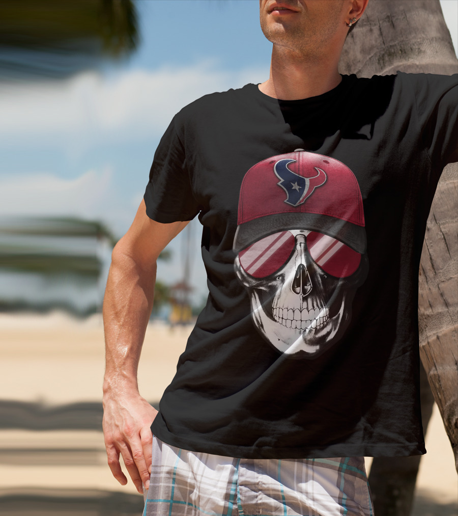 Skull With Red Cap Featuring Houston Texans Logo And Reflective Sunglasses T-Shirt