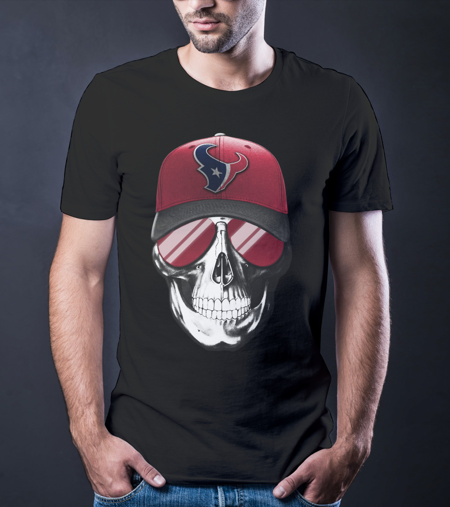 Skull With Red Cap Featuring Houston Texans Logo And Reflective Sunglasses T-Shirt