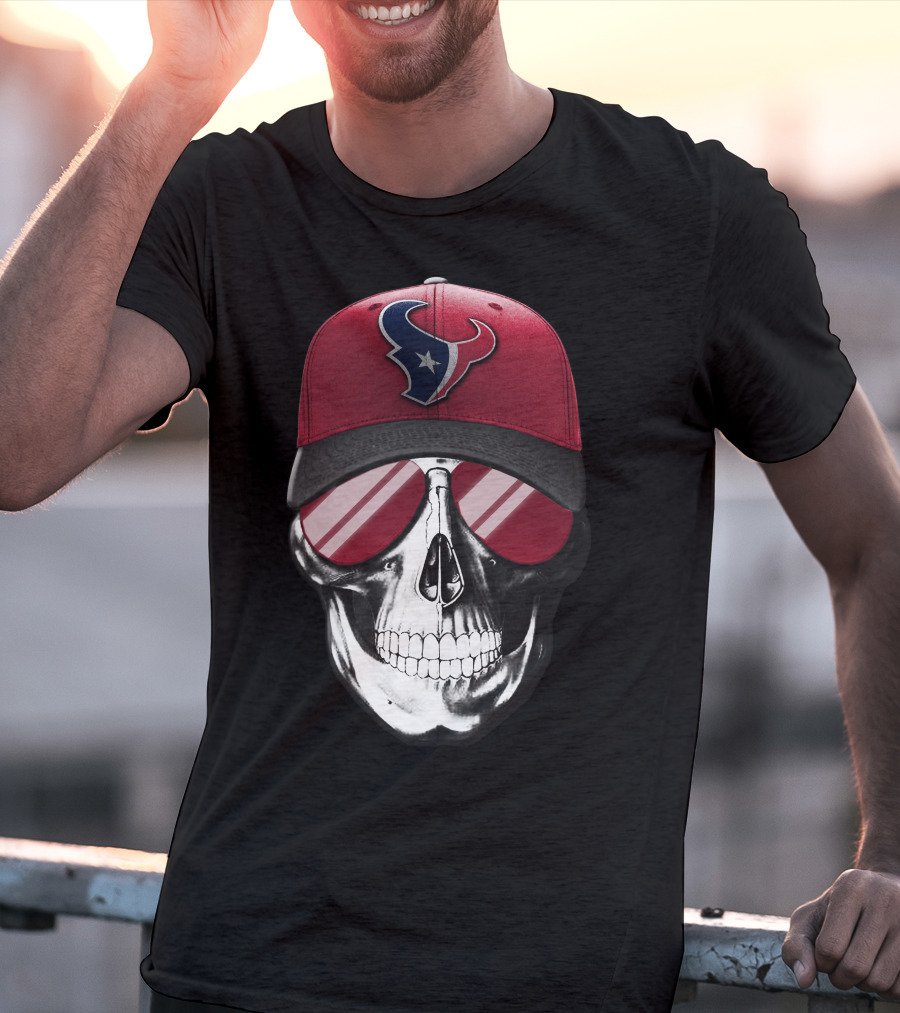 Skull With Red Cap Featuring Houston Texans Logo And Reflective Sunglasses T-Shirt