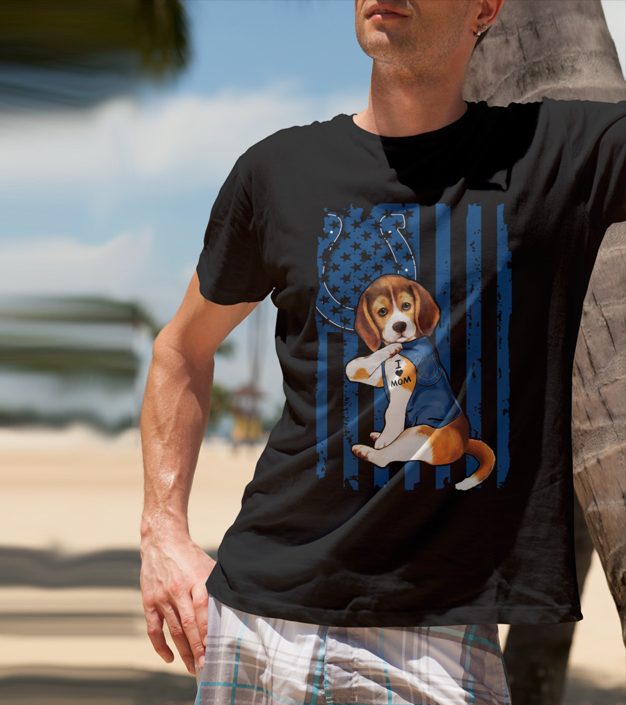 Beagle Puppy In Indianapolis Colts Shirt With I Love Mom Tattoo Flag Background T-Shirt