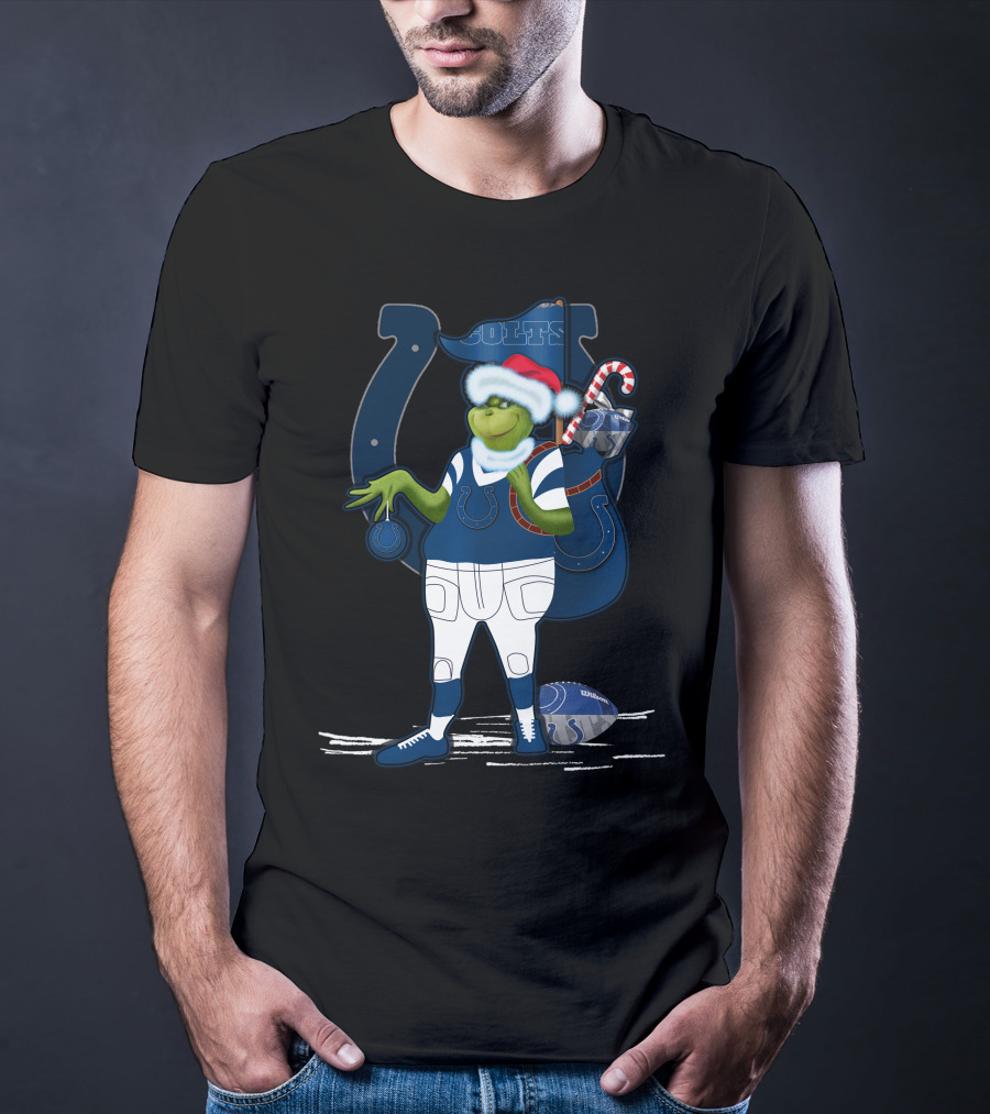 Grinchxmas Indianapolis Colts Santa Hat Candy Cane Football T-Shirt
