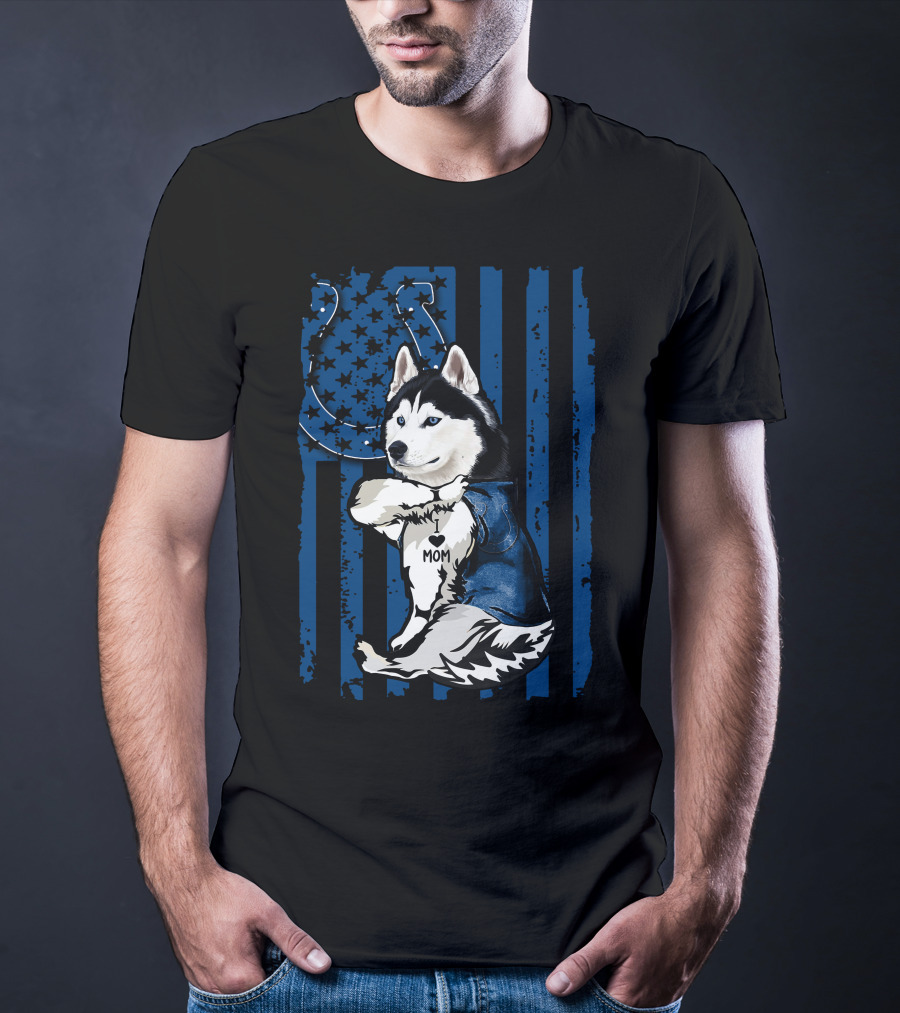 Siberian Husky Mom Colts American Flag T-Shirt