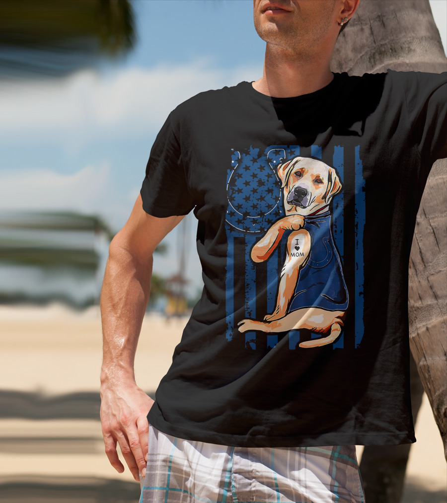 Labrador Retriever With Indianapolis Colts Horseshoe And I Love Mom Tattoo T-Shirt