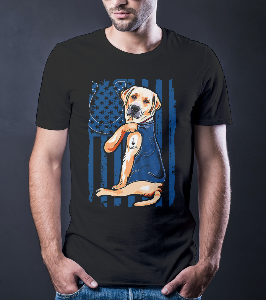 Labrador Retriever With Indianapolis Colts Horseshoe And I Love Mom Tattoo T-Shirt