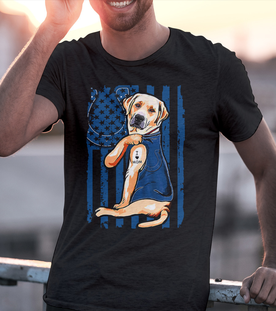 Labrador Retriever With Indianapolis Colts Horseshoe And I Love Mom Tattoo T-Shirt