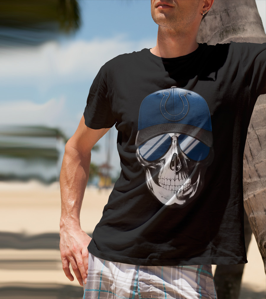 Indianapolis Colts Skull With Blue Cap And Sunglasses T-Shirt