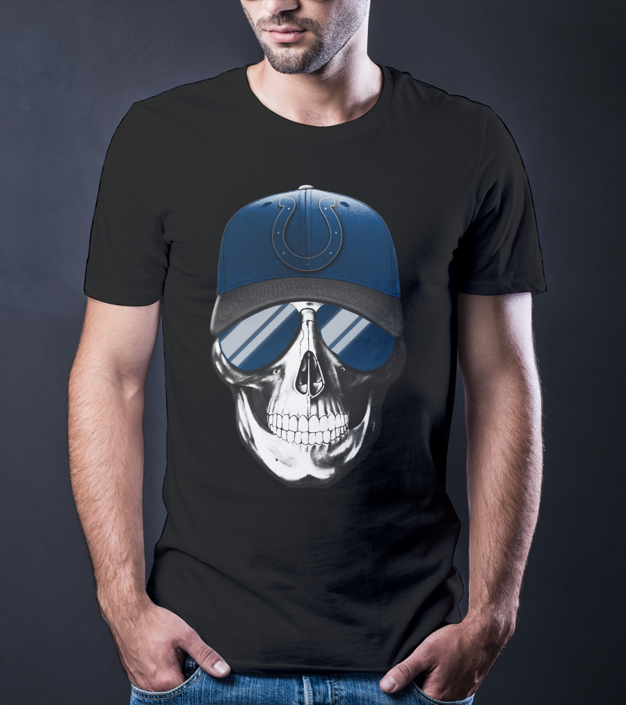 Indianapolis Colts Skull With Blue Cap And Sunglasses T-Shirt