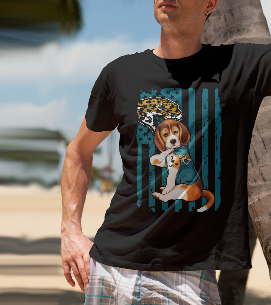 Beagle Wearing Jacksonville Jaguars Jersey With I Love Mom Tattoo And Jaguar T-Shirt