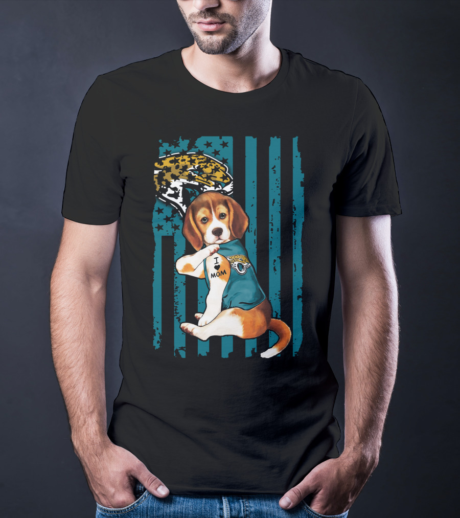 Beagle Wearing Jacksonville Jaguars Jersey With I Love Mom Tattoo And Jaguar T-Shirt