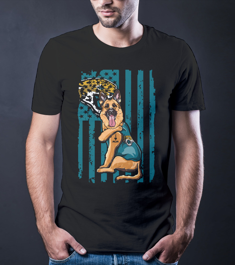 German Shepherd With Jacksonville Jaguars Tattoo And Flag Background T-Shirt