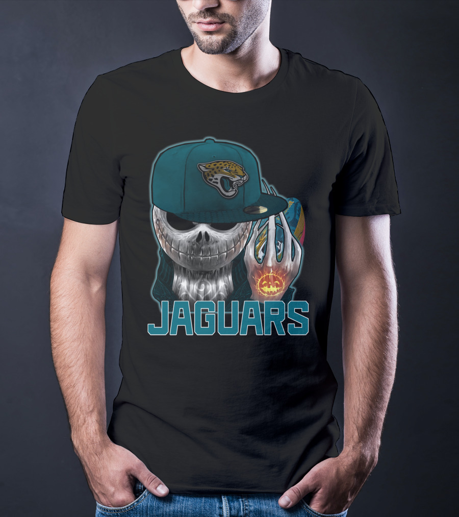 Jackskull Jaguars Halloween Skull Holding Pumpkin With Jaguars Logo Hat T-Shirt