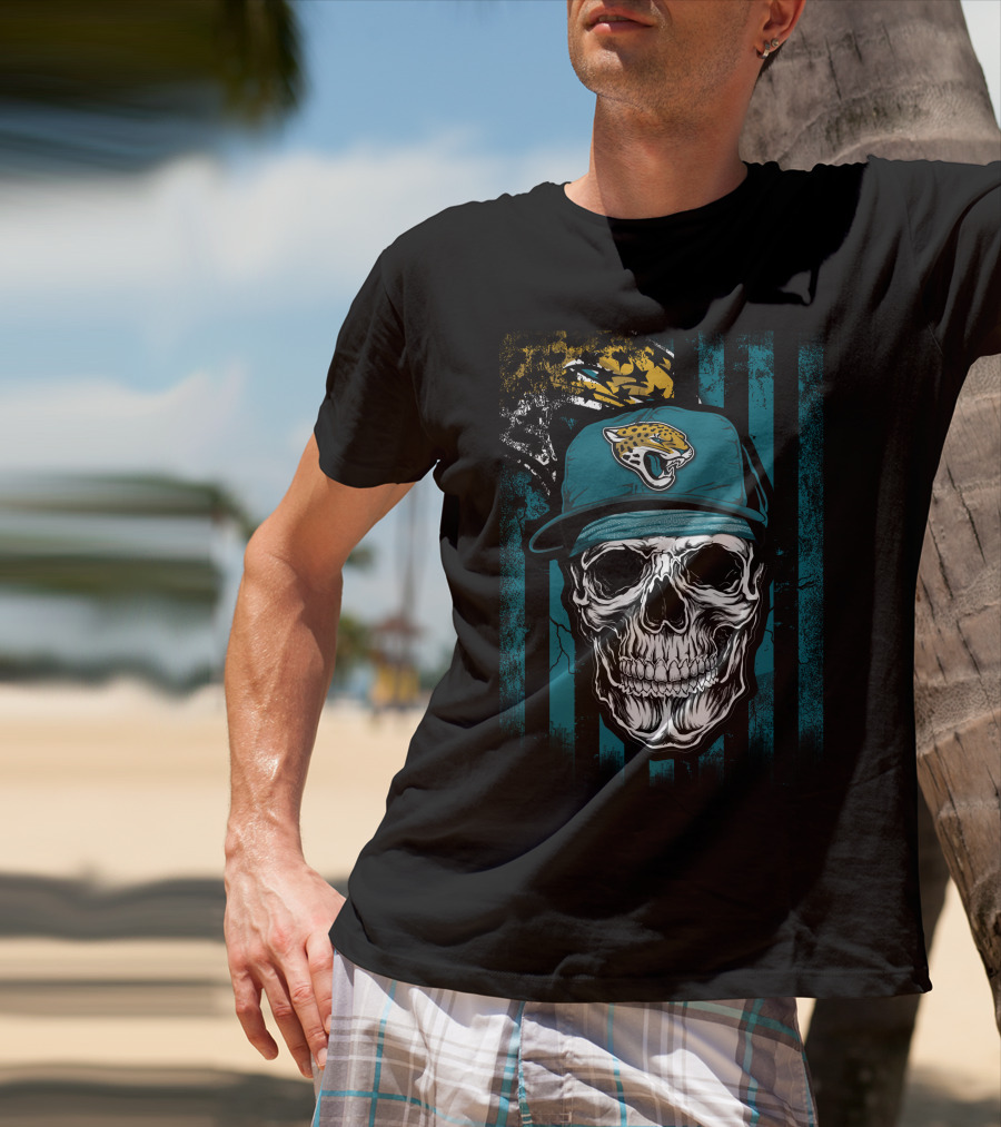 Skull In Jacksonville Jaguars Cap With Teal Stripes T-Shirt