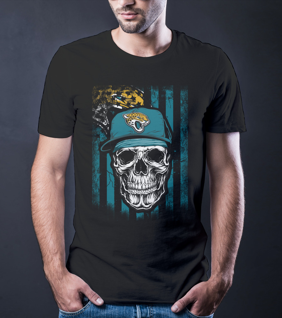 Skull In Jacksonville Jaguars Cap With Teal Stripes T-Shirt