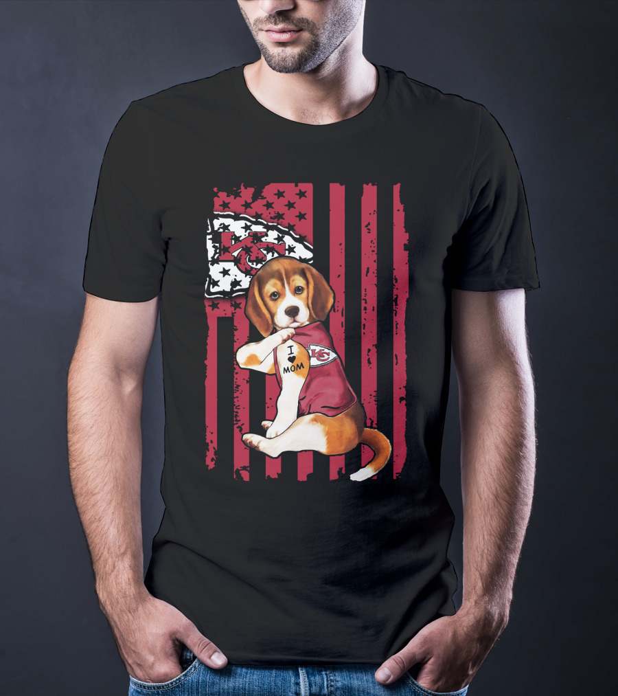 Beagle I Love Mom Kansas City Chiefs USA Flag T-Shirt