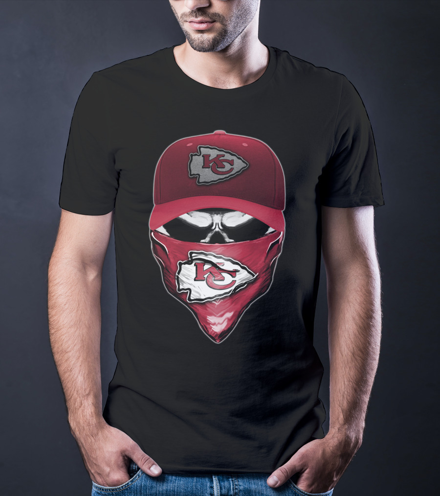 Skull With Kansas City Chiefs Cap And Bandana T-Shirt