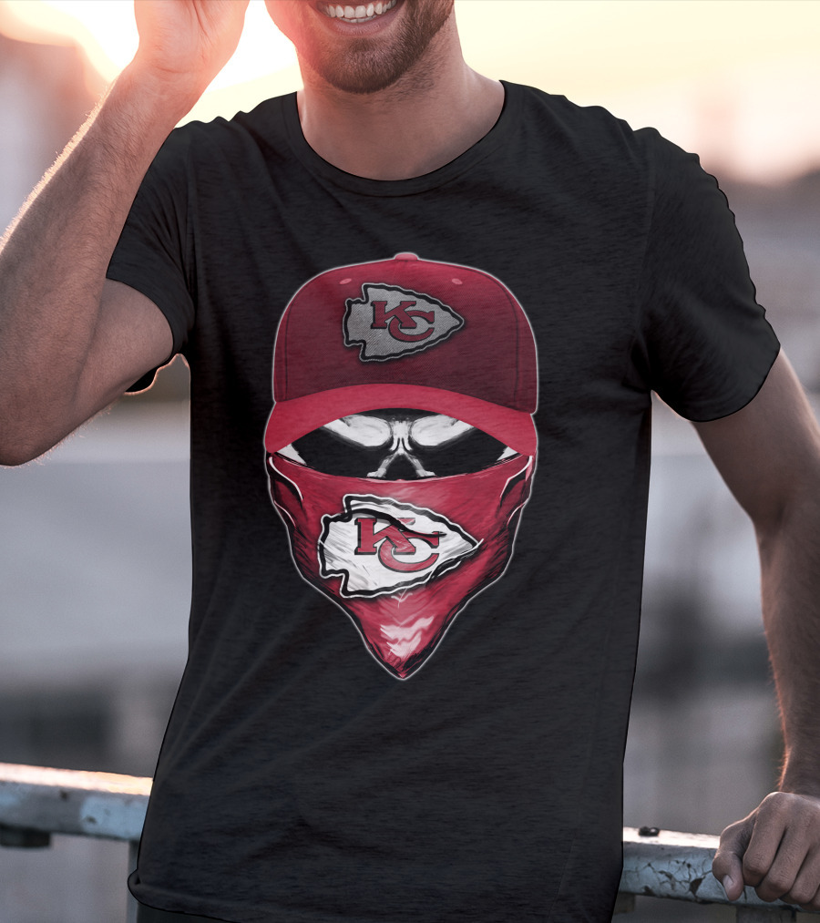 Skull With Kansas City Chiefs Cap And Bandana T-Shirt