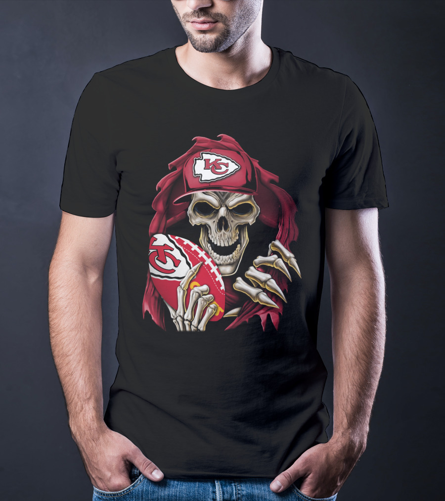 Skullbong Kansas City Chiefs Skeleton Holding Football With KC T-Shirt