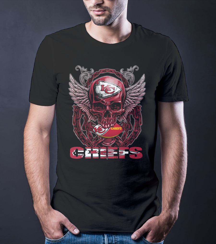 Skullfb Kansas City Chiefs Red Skull With Logo And Wings T-Shirt