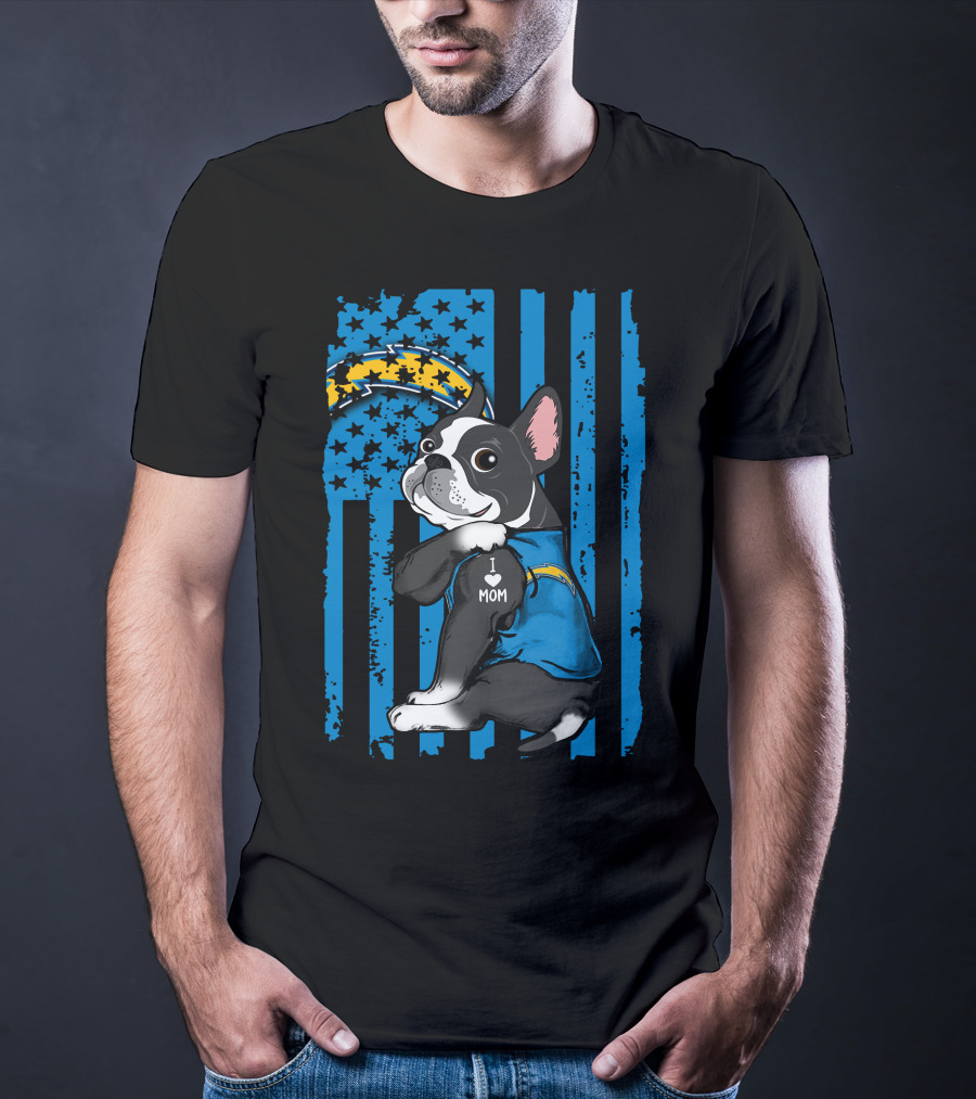 Boston Terrier I Love Mom Los Angeles Chargers Fan T-Shirt