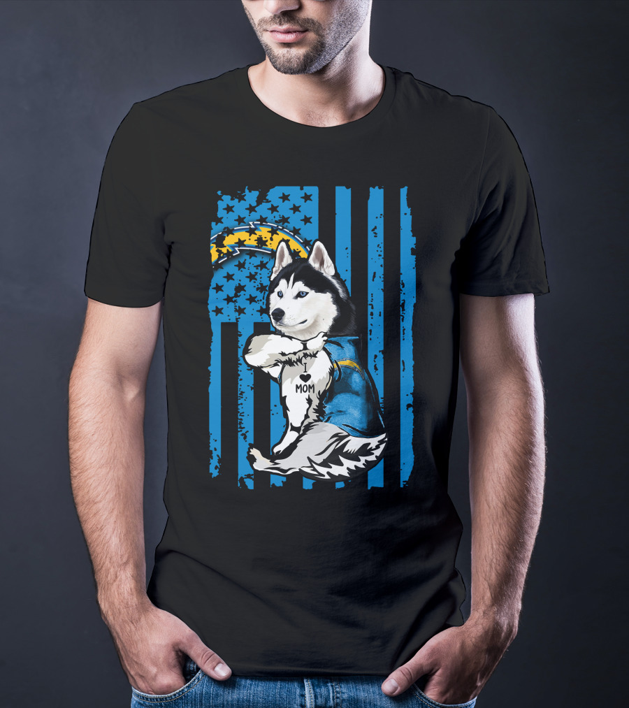 Siberian Husky I Love Mom Los Angeles Chargers Blue Stars T-Shirt