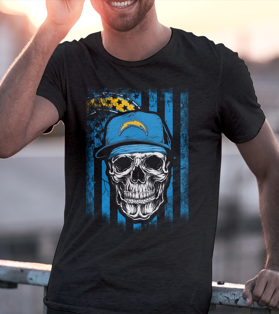 Skull With Los Angeles Chargers Lightning Bolt Hat On T-Shirt