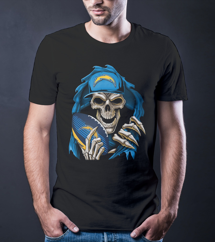 Skullbong Los Angeles Chargers Skeleton Holding Football With Blue Hood And Cap T-Shirt