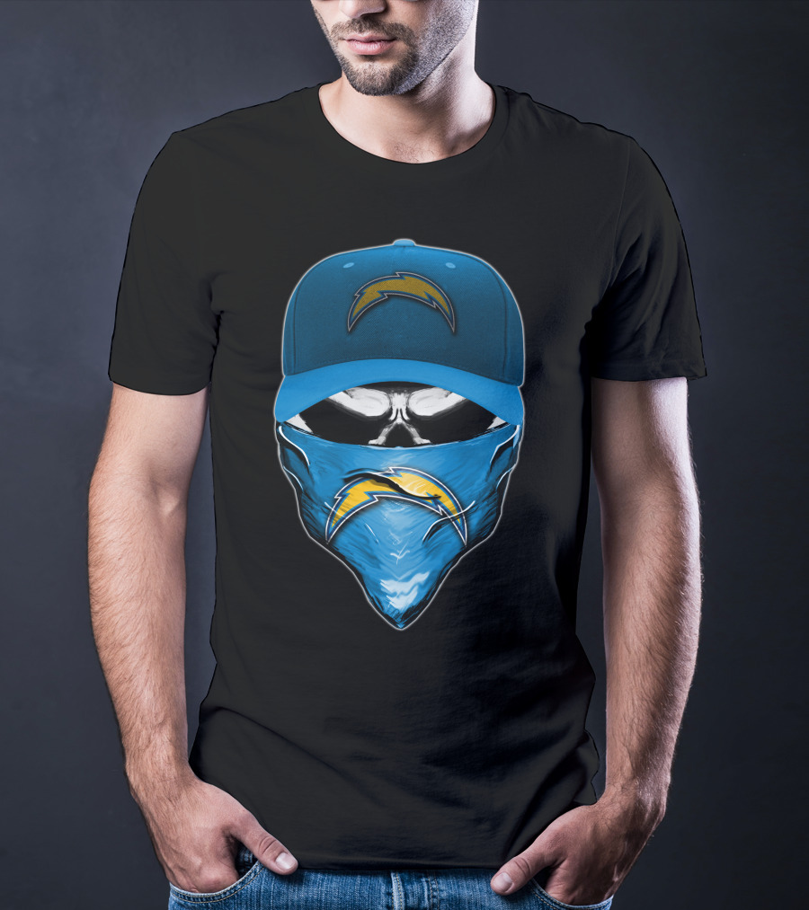 Skull Wearing Los Angeles Chargers Cap And Bandana T-Shirt