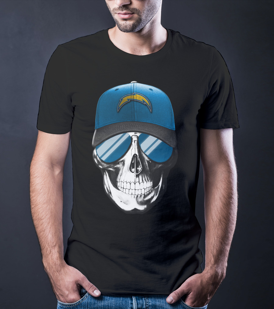 Skull Wearing Los Angeles Chargers Cap With Blue Sunglasses T-Shirt