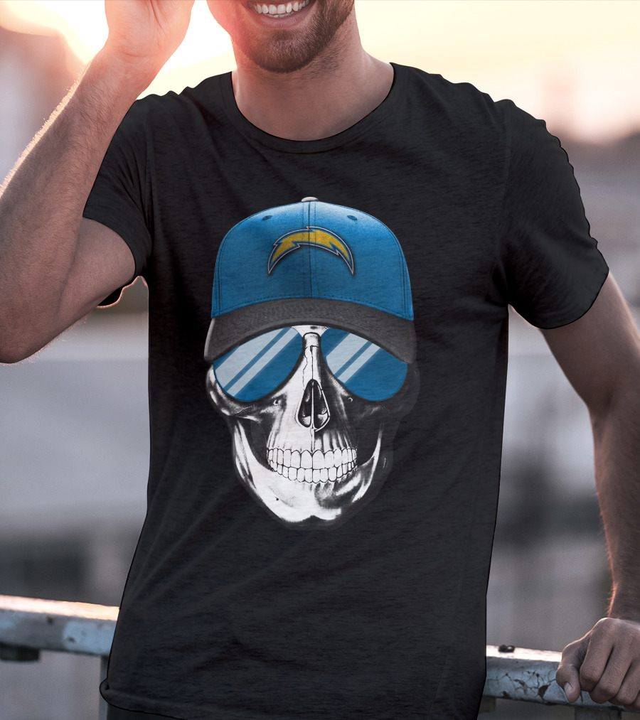 Skull Wearing Los Angeles Chargers Cap With Blue Sunglasses T-Shirt