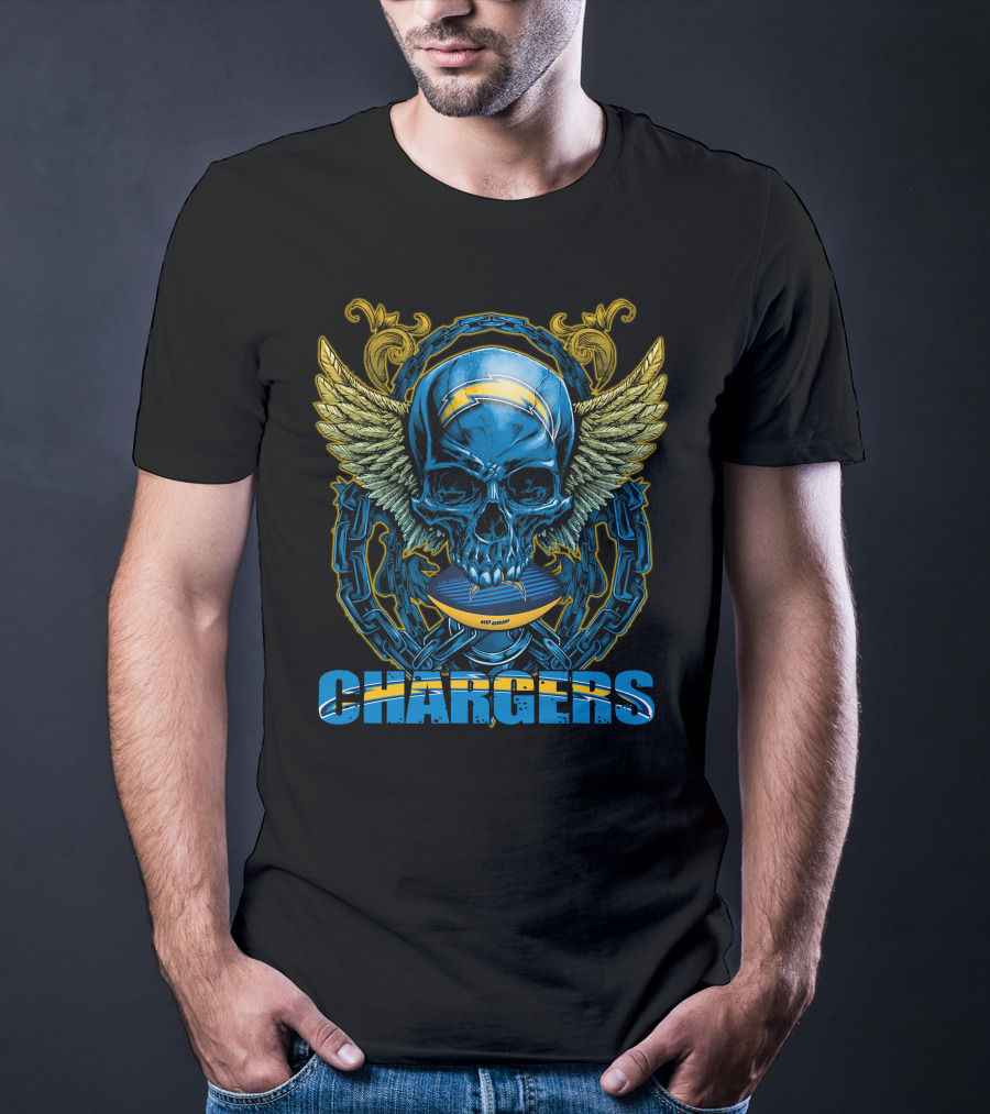Skullfb Chargers Los Angeles Winged Skull Football Helmet And Chains T-Shirt