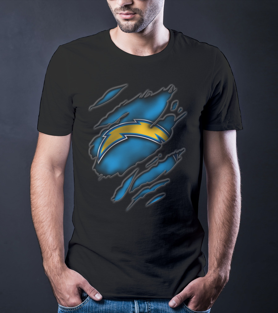Torn Los Angeles Chargers Lightning Bolt Ripped Blue Claw Marks T-Shirt